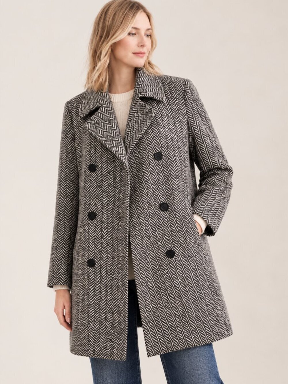 L.L.BEAN Herringbone Wool Thinsulate Peacoat Black Ivory 12 Petite
